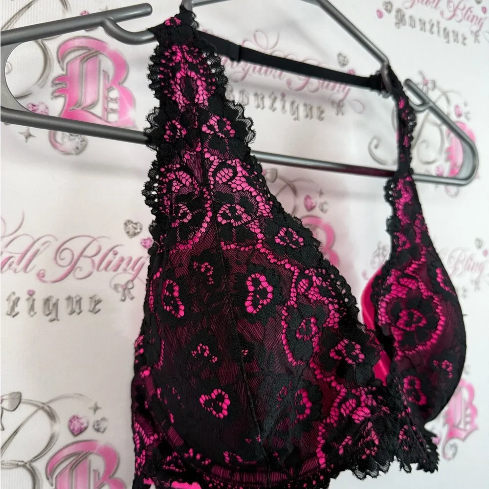 La SENZA bra bralette halter Lacie sexy neon Black and Pink Lace Bralette - Picture 4 of 14